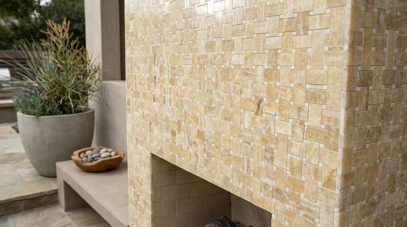 Honey (Giallo Crystal) Onyx Polished Basketweave Mosaic (w/ White)