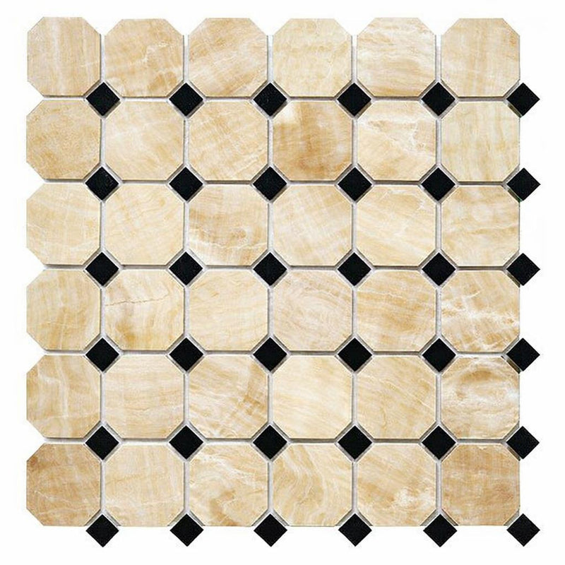 Honey (Giallo Crystal) Onyx Polished Octagon Mosaic (w/ Black)