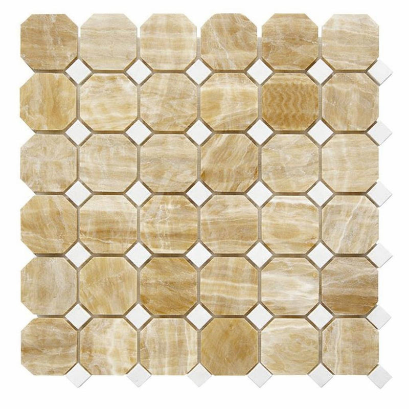 Honey (Giallo Crystal) Onyx Polished Octagon Mosaic (w/ White)