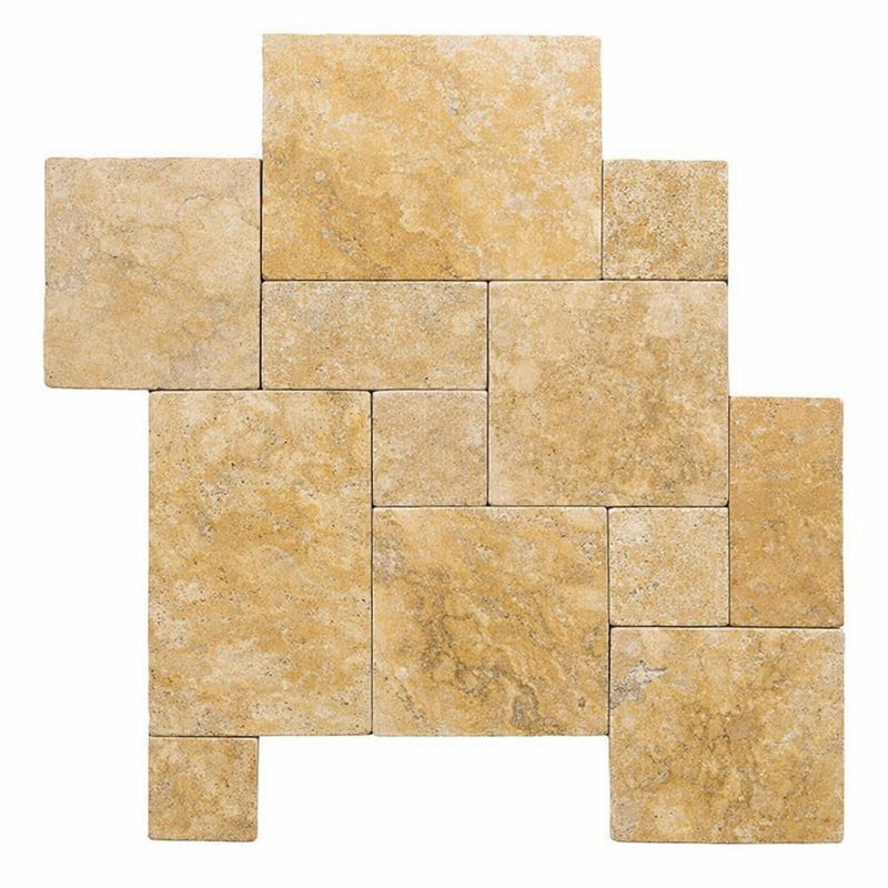 Gold / Yellow Gold Travertine Versailles Pattern Unfilled, Brushed & Chiseled Travertine Tile