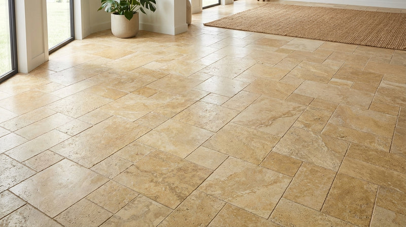 Gold / Yellow Gold Travertine Versailles Pattern Unfilled, Brushed & Chiseled Travertine Tile