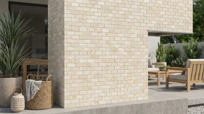 Ivory / Light Travertine 1x2 Cream Split-faced Brick Joint Mosaic Brick Mosaic