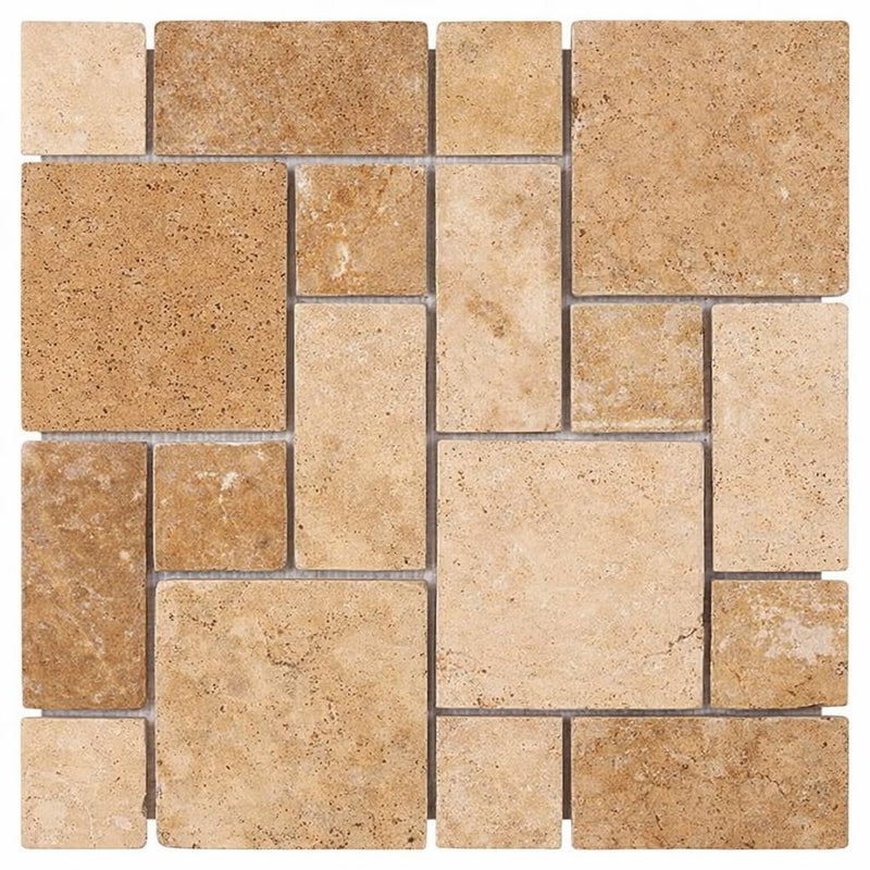 Walnut Travertine Tumbled Travertine 3-pcs. Mini-Pattern Mosaic (Non-Interlocking)