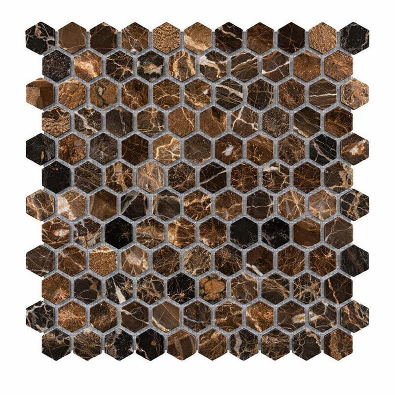 Emperador Dark (Spanish) Marble 1x1 Tumbled Hexagon Mosaic
