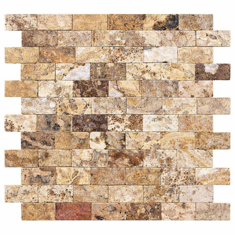 Scabos Travertine 1x2 Split-faced Travertine Brick Joint Mosaic Brick Mosaic