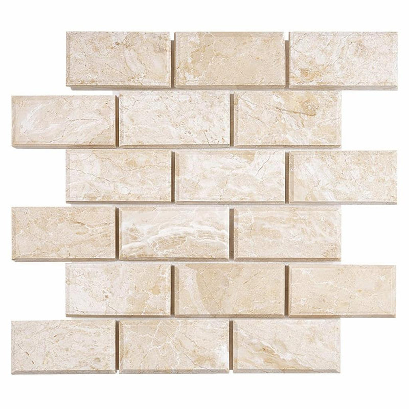 Diano Royal (Queen Beige) Marble 2x4 Polished Brick Joint Mosaic Deep-Beveled Brick Mosaic