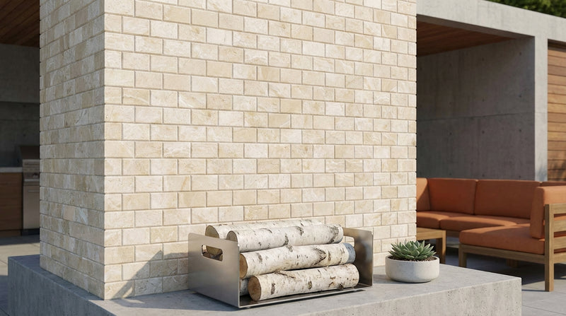 Diano Royal (Queen Beige) Marble 2x4 Polished Brick Joint Mosaic Deep-Beveled Brick Mosaic