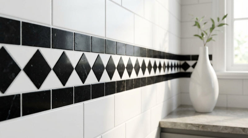 Thassos White (Greek) Thassos White Marble 2x12 Polished / Honed Tile BIAS Border (w/ Black)