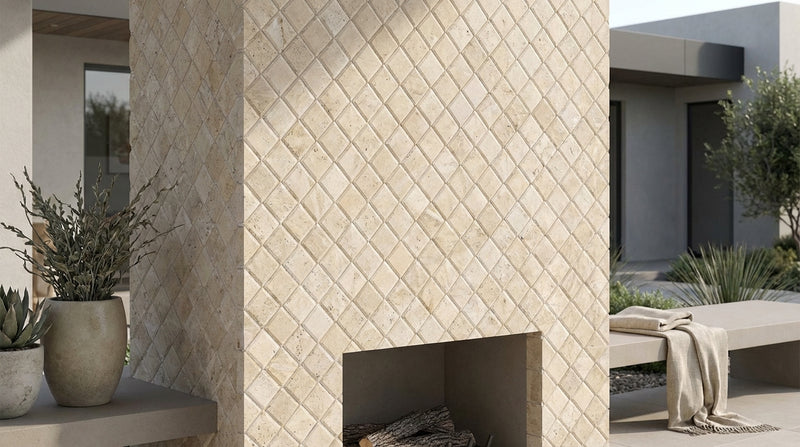 Ivory / Light Travertine 3x6 Cream Honed Deep-Beveled Diamond Mosaic