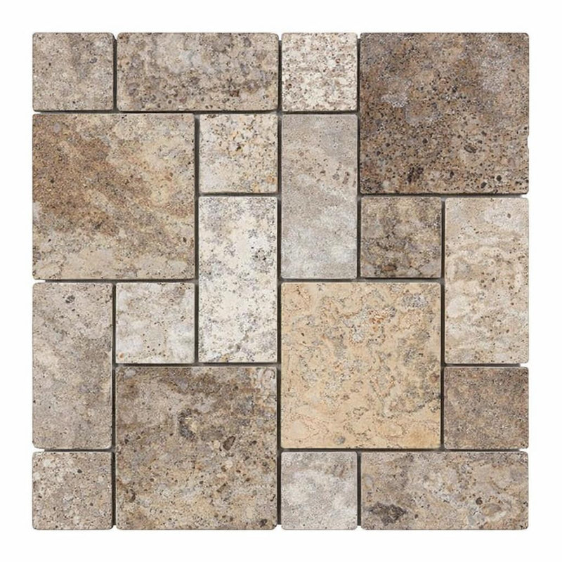 Silver (Pewter Blend) Travertine Tumbled Travertine 3-pcs. Mini-Pattern Mosaic (Non-Interlocking)