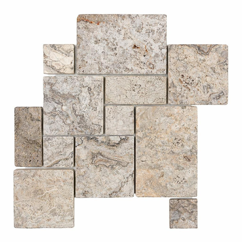 Silver (Pewter Blend) Travertine Tumbled Travertine OPUS Mini-Pattern Mosaic OPUS Mini-Pattern (4 pcs.) Mosaic (Interlocking)
