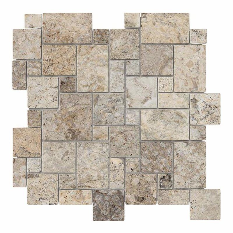 Silver (Pewter Blend) Travertine Tumbled Travertine Mosaic Micro-Pattern (Mini-Versailles)