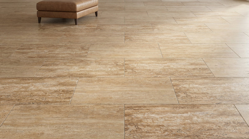 Noce Exotic (Vein-Cut) Travertine 6x24 Unfilled, Brushed & St.Edged Travertine Tile