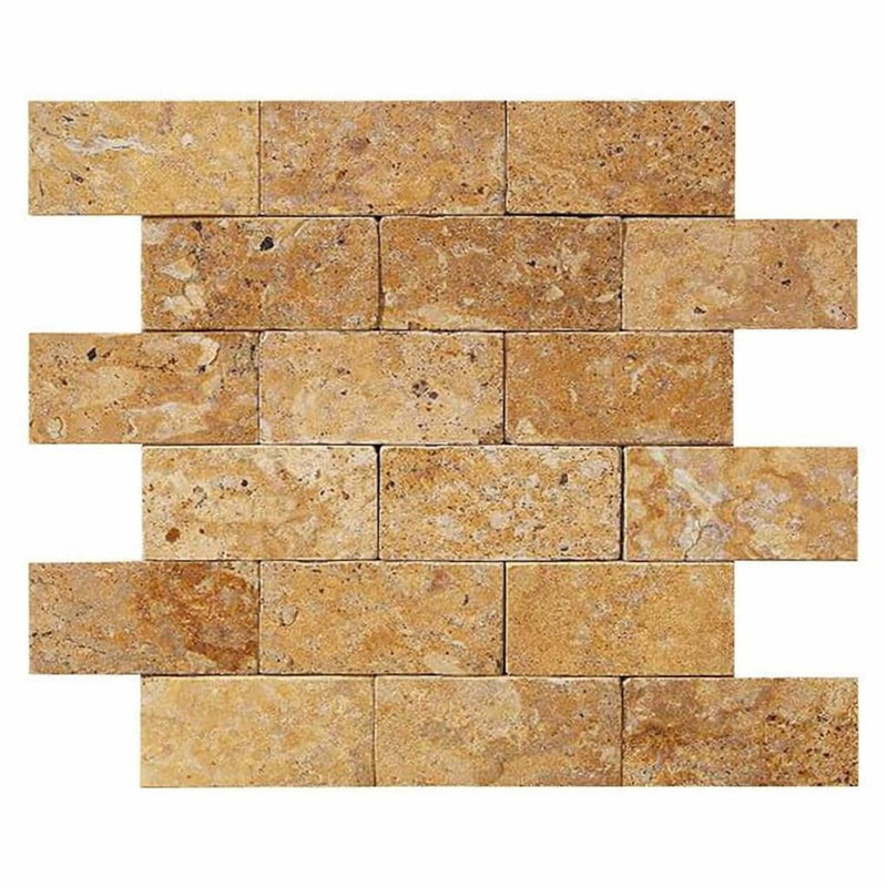 Gold / Yellow Gold Travertine 2x4 Split-faced Travertine Brick Joint Mosaic Brick Mosaic