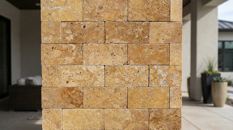 Gold / Yellow Gold Travertine 2x4 Split-faced Travertine Brick Joint Mosaic Brick Mosaic