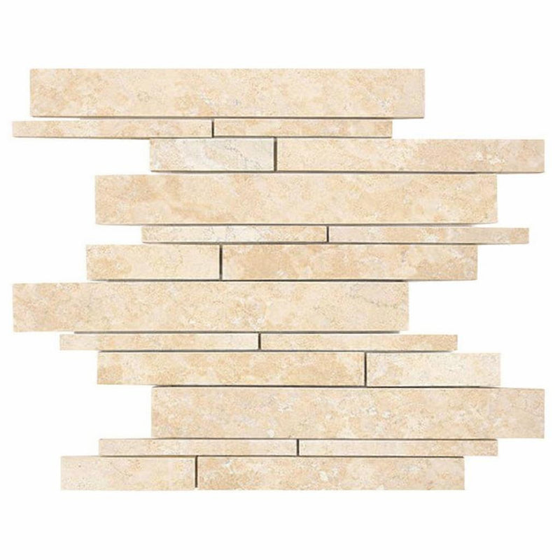 Durango / Paredon (Mexican) - Cross Cut Durango Travertine Honed Travertine Random Strip Mosaic Random Strip (Manhattan / Waterfall) Mosaic