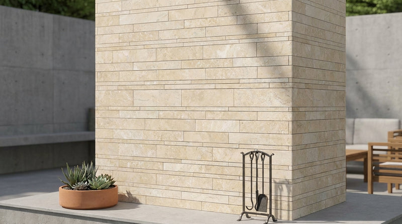 Durango / Paredon (Mexican) - Cross Cut Durango Travertine Honed Travertine Random Strip Mosaic Random Strip (Manhattan / Waterfall) Mosaic