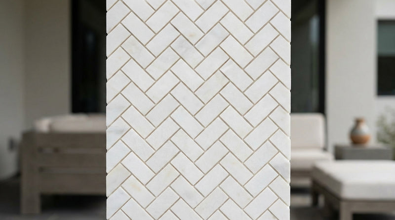 Afyon White Marble 1x2 Polished Herringbone Mosaic