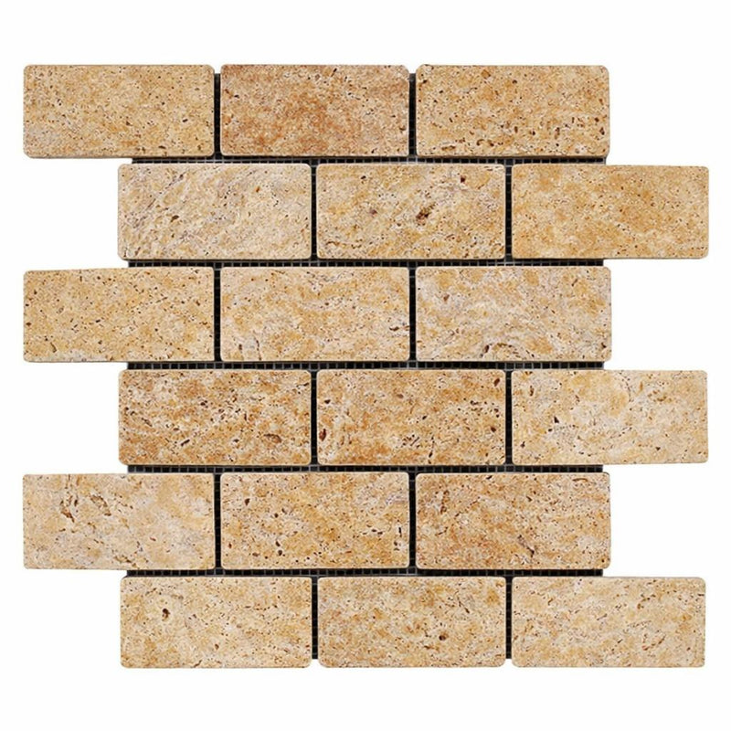 Gold / Yellow Gold Travertine 2x4 Tumbled Travertine Brick Joint Mosaic Brick Mosaic