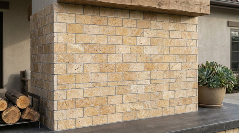 Gold / Yellow Gold Travertine 2x4 Tumbled Travertine Brick Joint Mosaic Brick Mosaic