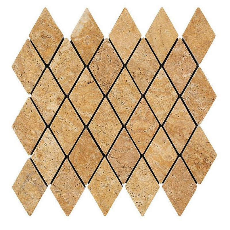 Gold / Yellow Gold Travertine 2x4 Tumbled Travertine Diamond / Rhomboid Mosaic