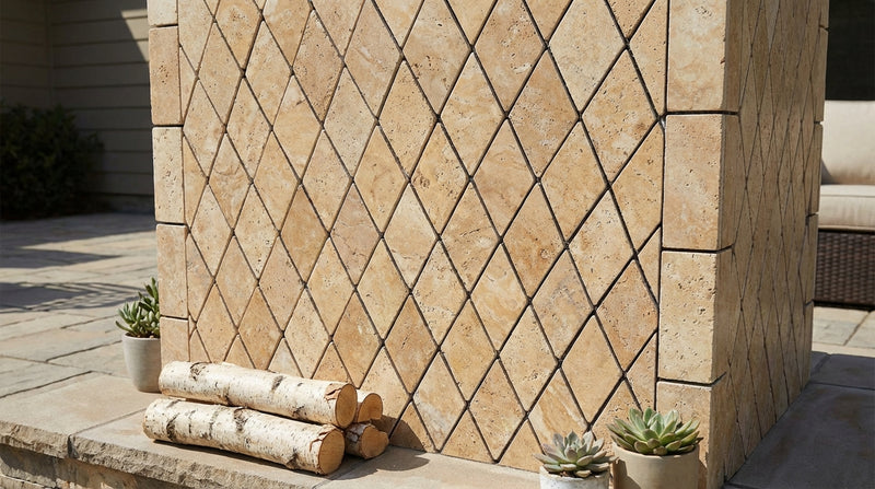 Gold / Yellow Gold Travertine 2x4 Tumbled Travertine Diamond / Rhomboid Mosaic