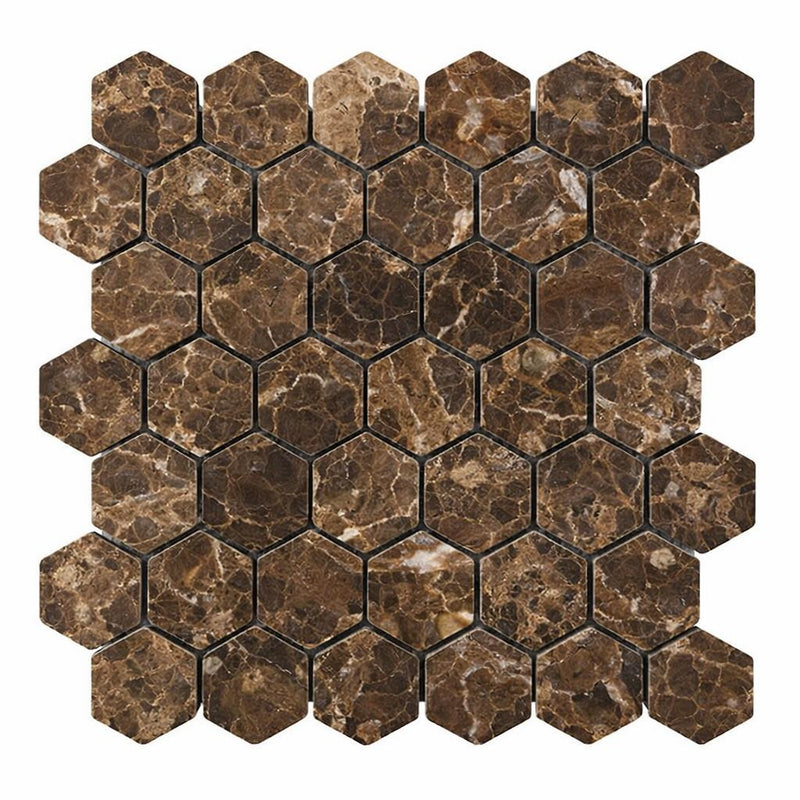 Emperador Dark (Spanish) Marble 2x2 Tumbled Hexagon Mosaic