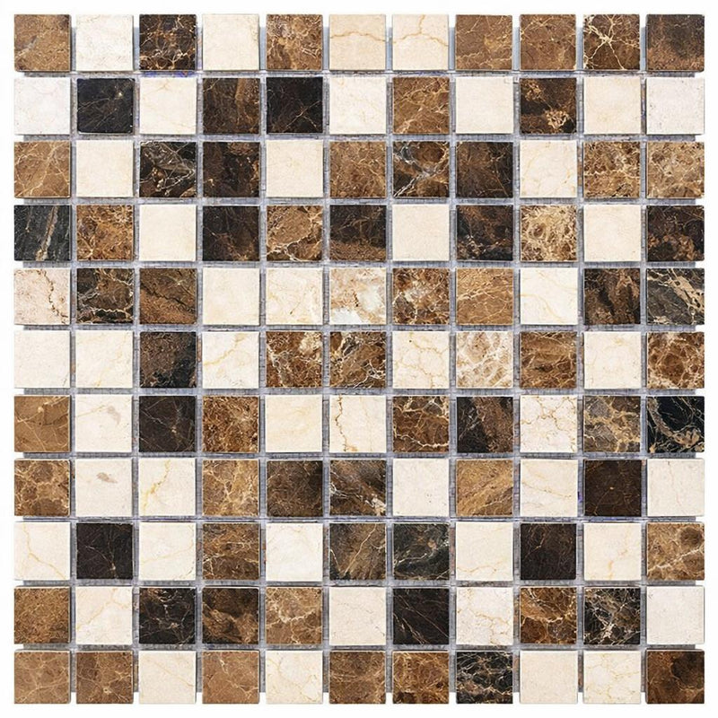 Spanish Mix Marble 1x1 Polished Mosaic (Crema Marfil + Emp. Light + Emp. Dark)