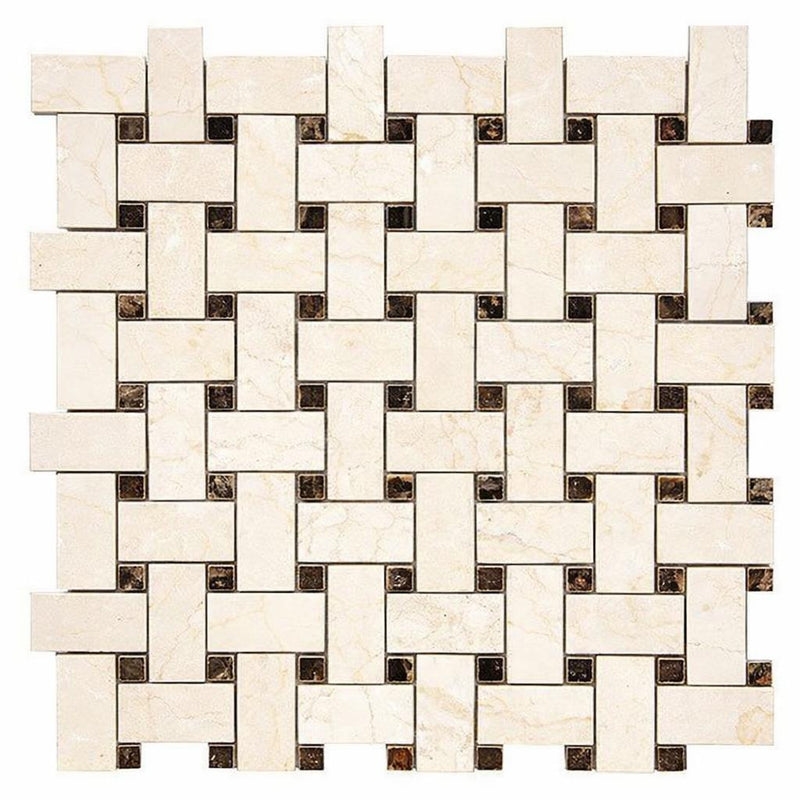 Crema Marfil (Spanish) Crema Marfil Marble Cream Polished Tile Basketweave Border CORNER w/ Emp. Dark Dots