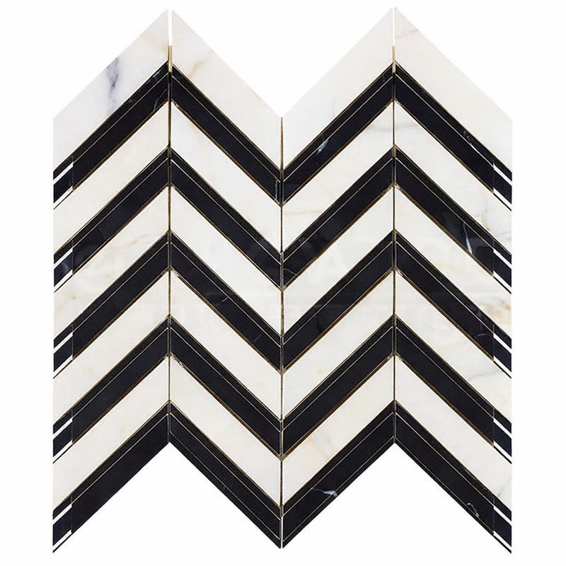 Calacatta Gold (Italian) Marble Honed Chevron Mosaic Chevron (LARGE) (w/ Black)