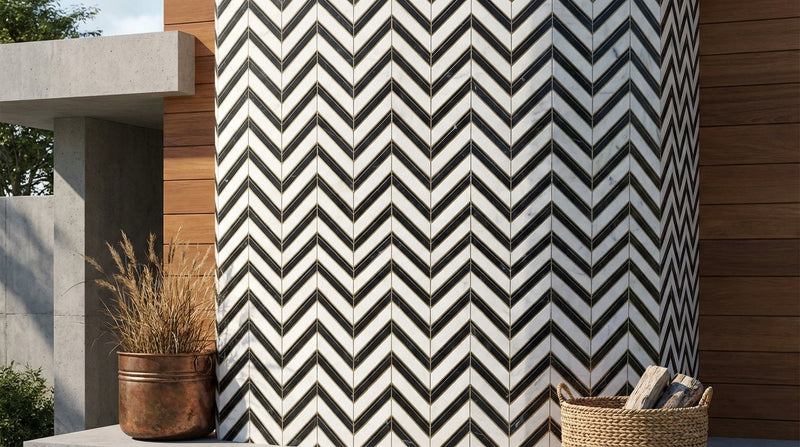 Calacatta Gold (Italian) Marble Honed Chevron Mosaic Chevron (LARGE) (w/ Black)