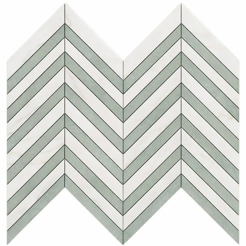 Calacatta Gold (Italian) Marble Honed Chevron Mosaic Chevron (LARGE) (w/ Ming-Green)