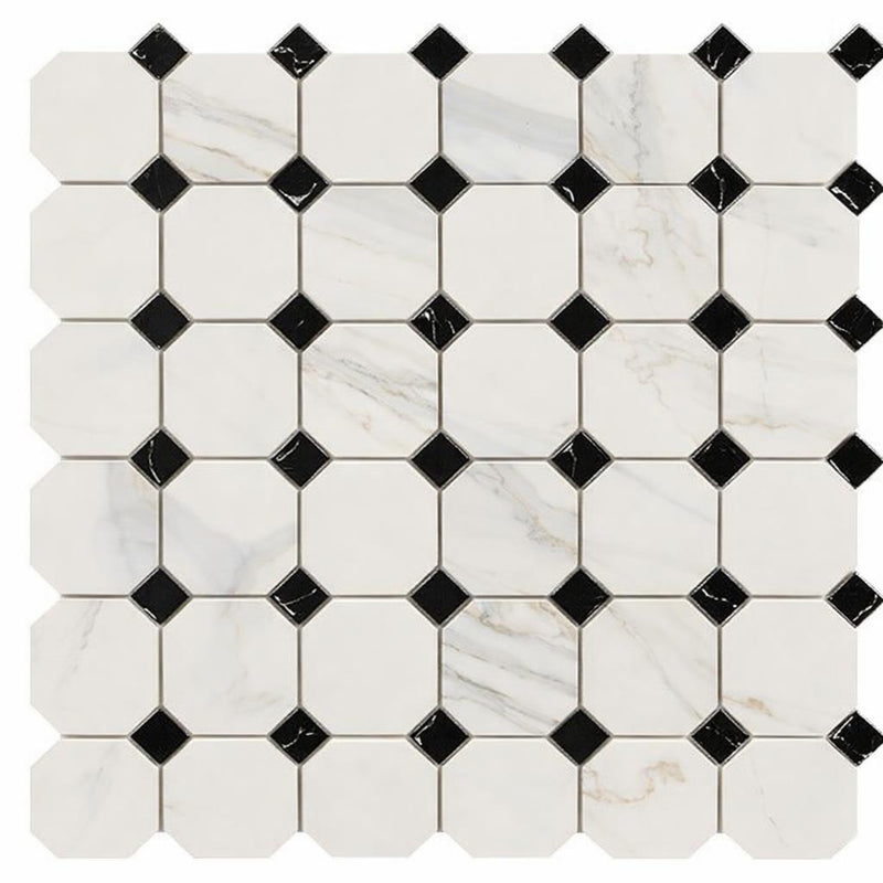 Calacatta Gold (Italian) Marble Honed Octagon Mosaic (w/ Black)