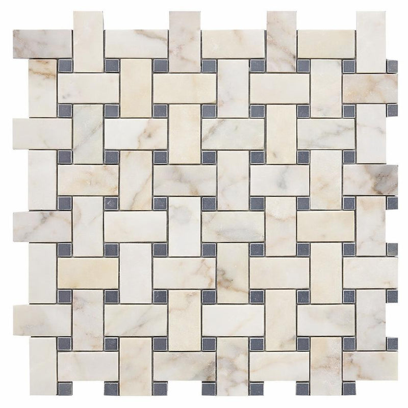 Calacatta Gold (Italian) Marble Honed Basketweave Mosaic (w/ Blue-Gray)