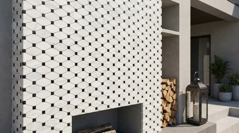 Calacatta Gold (Italian) Marble Honed Octave Mosaic Octave (Long Octagon) Mosaic (w/ Black)