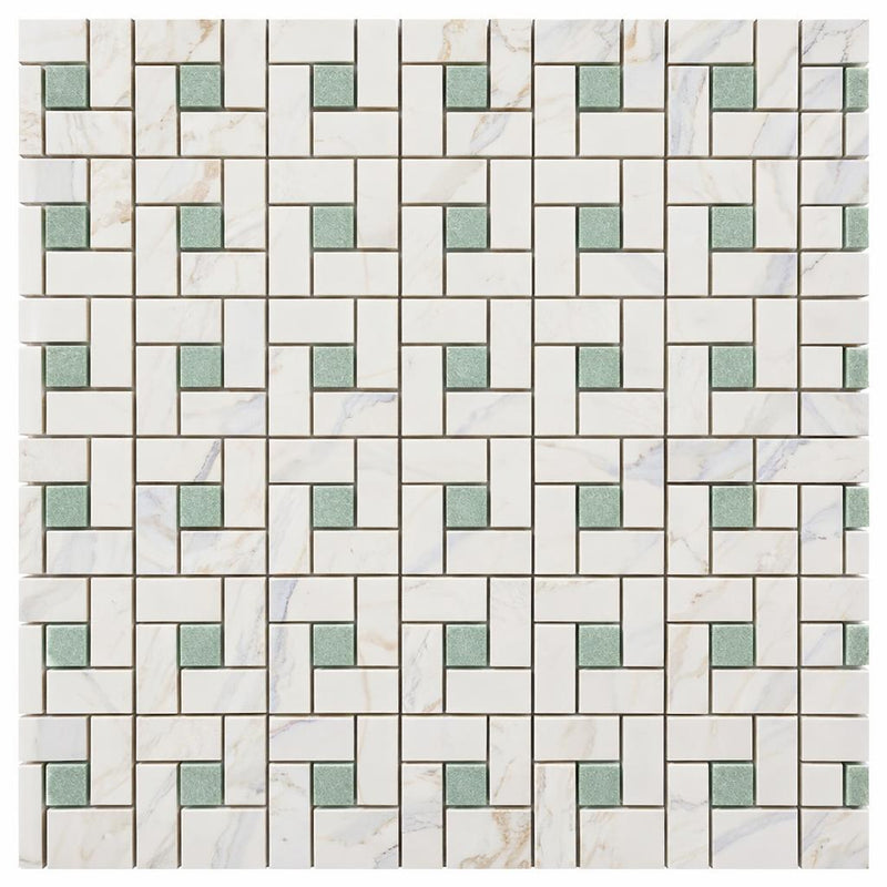 Calacatta Gold (Italian) Marble Honed Pinwheel Mosaic (w/ Ming-Green)