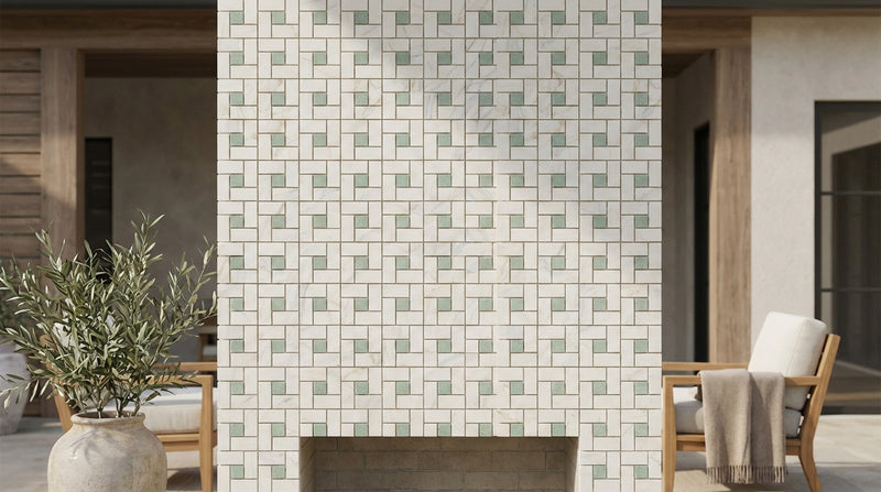 Calacatta Gold (Italian) Marble Honed Pinwheel Mosaic (w/ Ming-Green)