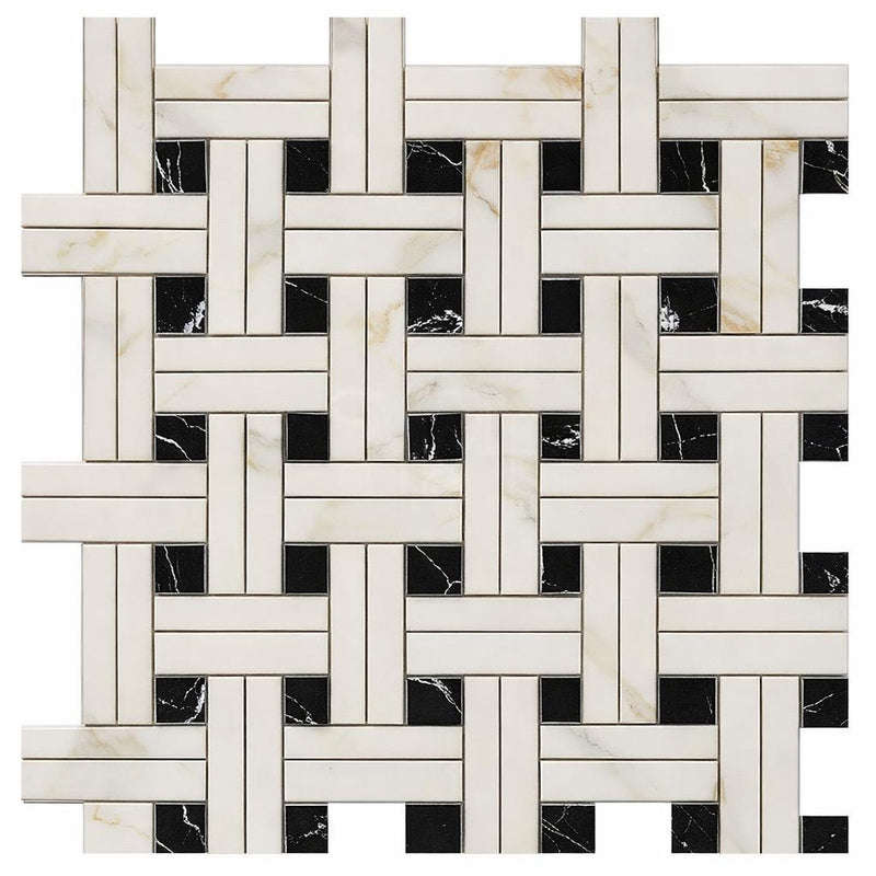 Calacatta Gold (Italian) Marble Honed Mosaic Triple-Weave (w/ Black)