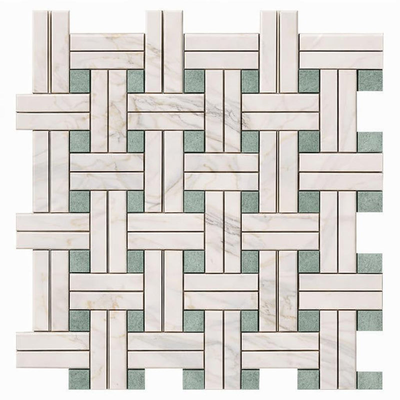 Calacatta Gold (Italian) Marble Honed Mosaic Triple-Weave (w/ Ming-Green)