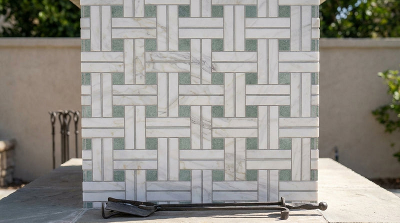 Calacatta Gold (Italian) Marble Honed Mosaic Triple-Weave (w/ Ming-Green)
