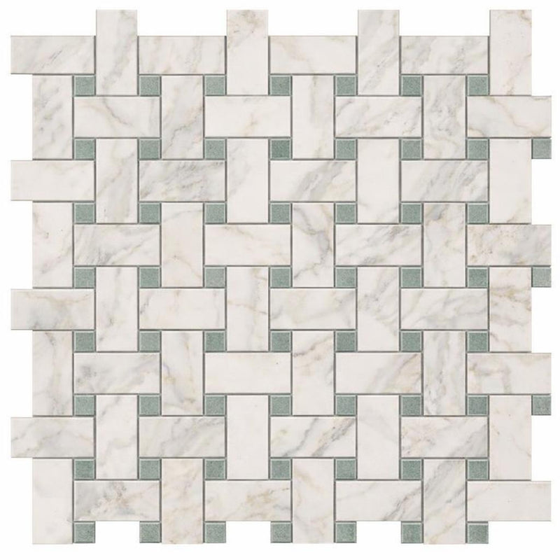 Calacatta Gold (Italian) Marble Honed Basketweave Mosaic (w/ Ming-Green)