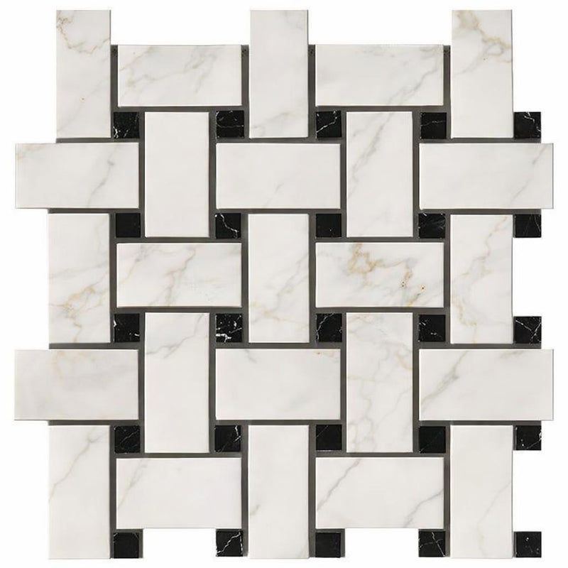 Calacatta Gold (Italian) Marble Honed Basketweave Mosaic (w/ Black - (LARGE))
