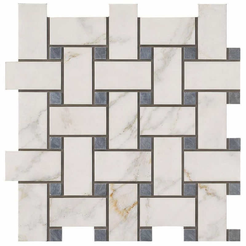 Calacatta Gold (Italian) Marble Honed Basketweave Mosaic (w/ Blue-Gray - (LARGE))