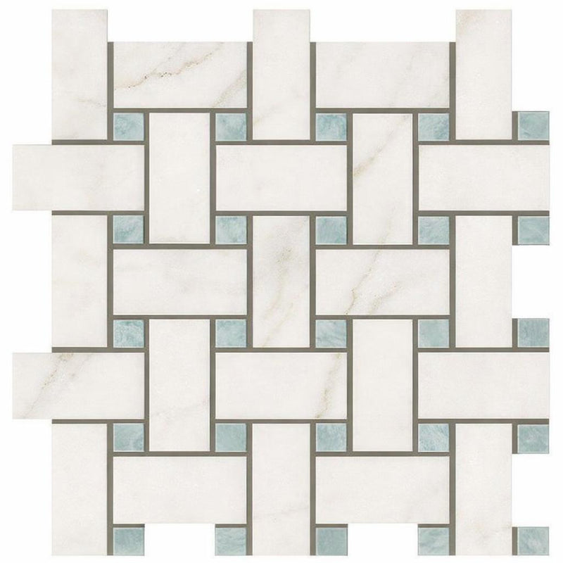 Calacatta Gold (Italian) Marble Honed Basketweave Mosaic (w/ Ming-Green - (LARGE))