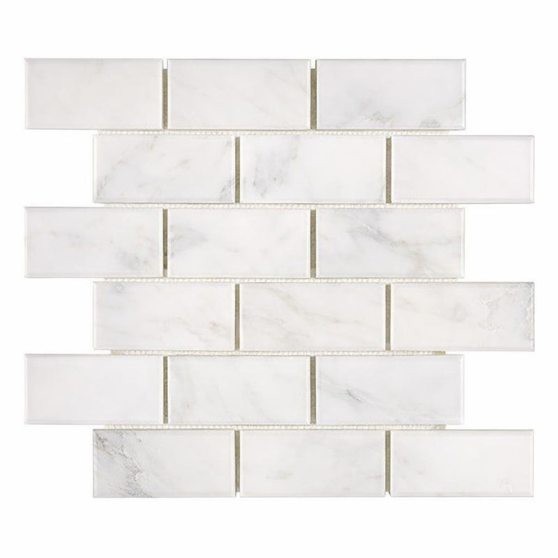 Oriental White (Asian Statuary) Marble 2x4 Honed Brick Joint Mosaic Deep-Beveled Brick Mosaic