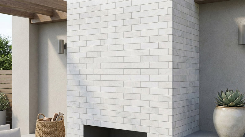 Oriental White (Asian Statuary) Marble 2x4 Honed Brick Joint Mosaic Deep-Beveled Brick Mosaic