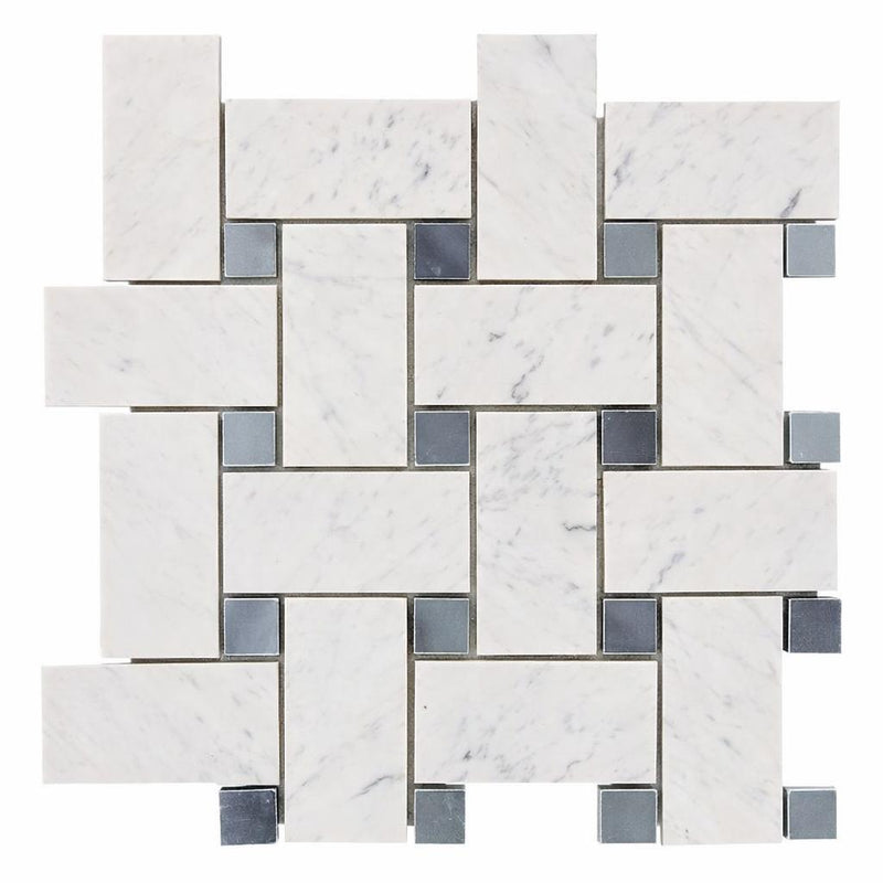 Carrara White (Italian) Carrara White Marble Polished / Honed Tile Basketweave Border CORNER (w/ Blue-Gray)