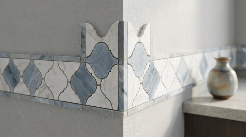 Carrara White (Italian) Marble Honed Tile Luxury (Lantern) Border CORNER (w/ Blue-Gray) Luxury Border CORNER