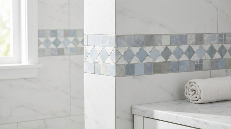 Carrara White (Italian) Carrara White Marble Polished / Honed Tile BIAS Border CORNER (w/ Blue-Gray)