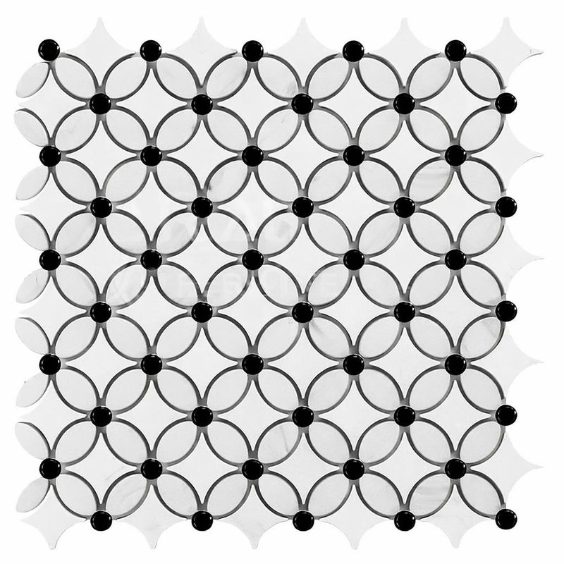 Carrara White (Italian) Carrara White Marble Polished / Honed Tile Florida Flower Border CORNER (Black)